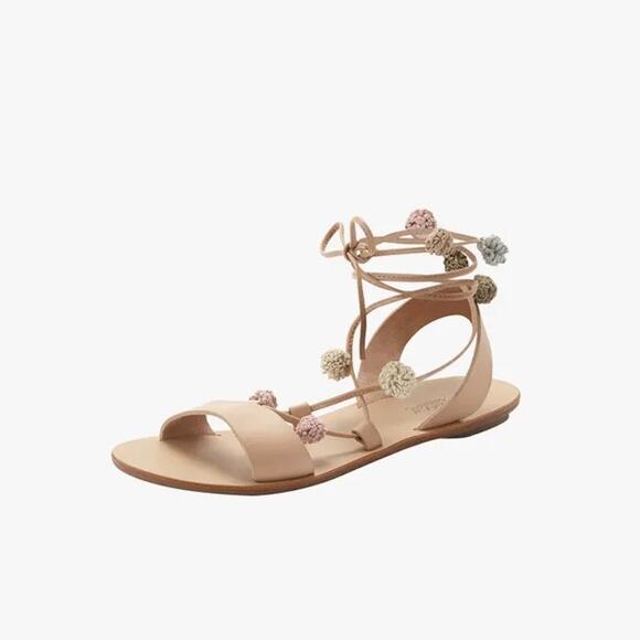 Loeffler Randall Saskia Tan Leather Pompom Lace Up Strappy Flat Sandals Size 6.5 - Picture 1 of 6